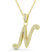 Initial Letter "N" Cursive Script Cubic Zirconia Crystal Pendant in .925 Sterling Silver w/ 14k Yellow Gold - GN-IP007-N-DiaCZ-SLY