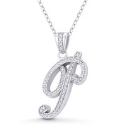 Initial Letter "P" Cursive Script Cubic Zirconia Crystal Pendant in .925 Sterling Silver w/ Rhodium - GN-IP007-P-DiaCZ-SLW