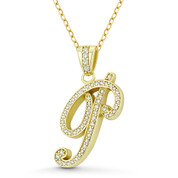 Initial Letter "P" Cursive Script Cubic Zirconia Crystal Pendant in .925 Sterling Silver w/ 14k Yellow Gold - GN-IP007-P-DiaCZ-SLY