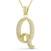 Initial Letter "Q" Cursive Script Cubic Zirconia Crystal Pendant in .925 Sterling Silver w/ 14k Yellow Gold - GN-IP007-Q-DiaCZ-SLY