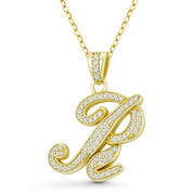 Initial Letter "R" Cursive Script Cubic Zirconia Crystal Pendant in .925 Sterling Silver w/ 14k Yellow Gold - GN-IP007-R-DiaCZ-SLY