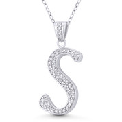Initial Letter "S" Cursive Script Cubic Zirconia Crystal Pendant in .925 Sterling Silver w/ Rhodium - GN-IP007-S-DiaCZ-SLW