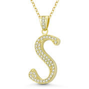 Initial Letter "S" Cursive Script Cubic Zirconia Crystal Pendant in .925 Sterling Silver w/ 14k Yellow Gold - GN-IP007-S-DiaCZ-SLY