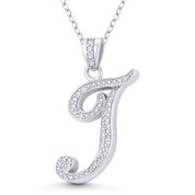 Initial Letter "T" Cursive Script Cubic Zirconia Crystal Pendant in .925 Sterling Silver w/ Rhodium - GN-IP007-T-DiaCZ-SLW