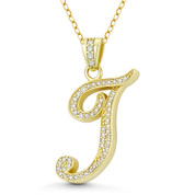 Initial Letter "T" Cursive Script Cubic Zirconia Crystal Pendant in .925 Sterling Silver w/ 14k Yellow Gold - GN-IP007-T-DiaCZ-SLY