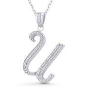 Initial Letter "U" Cursive Script Cubic Zirconia Crystal Pendant in .925 Sterling Silver w/ Rhodium - GN-IP007-U-DiaCZ-SLW