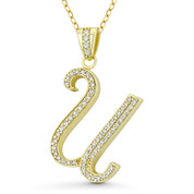 Initial Letter "U" Cursive Script Cubic Zirconia Crystal Pendant in .925 Sterling Silver w/ 14k Yellow Gold - GN-IP007-U-DiaCZ-SLY