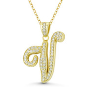 Initial Letter "V" Cursive Script Cubic Zirconia Crystal Pendant in .925 Sterling Silver w/ 14k Yellow Gold - GN-IP007-V-DiaCZ-SLY