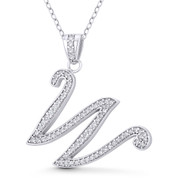 Initial Letter "W" Cursive Script Cubic Zirconia Crystal Pendant in .925 Sterling Silver w/ Rhodium - GN-IP007-W-DiaCZ-SLW