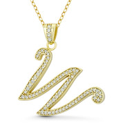 Initial Letter "W" Cursive Script Cubic Zirconia Crystal Pendant in .925 Sterling Silver w/ 14k Yellow Gold - GN-IP007-W-DiaCZ-SLY