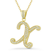 Initial Letter "X" Cursive Script Cubic Zirconia Crystal Pendant in .925 Sterling Silver w/ 14k Yellow Gold - GN-IP007-X-DiaCZ-SLY