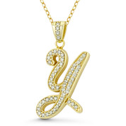 Initial Letter "Y" Cursive Script Cubic Zirconia Crystal Pendant in .925 Sterling Silver w/ 14k Yellow Gold - GN-IP007-Y-DiaCZ-SLY