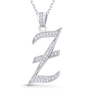 Initial Letter "Z" Cursive Script Cubic Zirconia Crystal Pendant in .925 Sterling Silver w/ Rhodium - GN-IP007-Z-DiaCZ-SLW