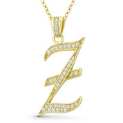 Initial Letter "Z" Cursive Script Cubic Zirconia Crystal Pendant in .925 Sterling Silver w/ 14k Yellow Gold - GN-IP007-Z-DiaCZ-SLY