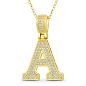 Initial Letter "A" Block Script Cubic Zirconia Crystal Pendant in .925 Sterling Silver w/ 14k Yellow Gold - GN-IP009-A-DiaCZ-SLY