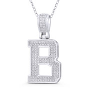Initial Letter "B" Block Script Cubic Zirconia Crystal Pendant in .925 Sterling Silver w/ Rhodium - GN-IP009-B-DiaCZ-SLW
