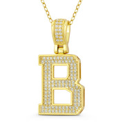 Initial Letter "B" Block Script CZ Pendant in .925 Sterling Silver w/ 14k Ygold - GN-IP009-B-DiaCZ-SLY