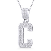 Initial Letter "C" Block Script Cubic Zirconia Crystal Pendant in .925 Sterling Silver w/ Rhodium - GN-IP009-C-DiaCZ-SLW