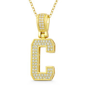 Initial Letter "C" Block Script Cubic Zirconia Crystal Pendant in .925 Sterling Silver w/ 14k Yellow Gold - GN-IP009-C-DiaCZ-SLY