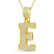 Initial Letter "E" Block Script Cubic Zirconia Crystal Pendant in .925 Sterling Silver w/ 14k Yellow Gold - GN-IP009-E-DiaCZ-SLY