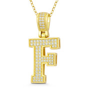 Initial Letter "F" Block Script Cubic Zirconia Crystal Pendant in .925 Sterling Silver w/ 14k Yellow Gold - GN-IP009-F-DiaCZ-SLY