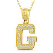 Initial Letter "G" Block Script Cubic Zirconia Crystal Pendant in .925 Sterling Silver w/ 14k Yellow Gold - GN-IP009-G-DiaCZ-SLY