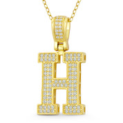 Initial Letter "H" Block Script Cubic Zirconia Crystal Pendant in .925 Sterling Silver w/ 14k Yellow Gold - GN-IP009-H-DiaCZ-SLY