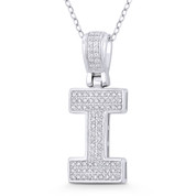 Initial Letter "I" Block Script Cubic Zirconia Crystal Pendant in .925 Sterling Silver w/ Rhodium - GN-IP009-I-DiaCZ-SLW