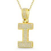 Initial Letter "I" Block Script Cubic Zirconia Crystal Pendant in .925 Sterling Silver w/ 14k Yellow Gold - GN-IP009-I-DiaCZ-SLY