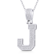 Initial Letter "J" Block Script Cubic Zirconia Crystal Pendant in .925 Sterling Silver w/ Rhodium - GN-IP009-J-DiaCZ-SLW