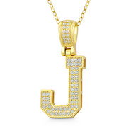 Initial Letter "J" Block Script Cubic Zirconia Crystal Pendant in .925 Sterling Silver w/ 14k Yellow Gold - GN-IP009-J-DiaCZ-SLY