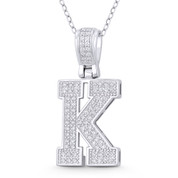 Initial Letter "K" Block Script Cubic Zirconia Crystal Pendant in .925 Sterling Silver w/ Rhodium - GN-IP009-K-DiaCZ-SLW
