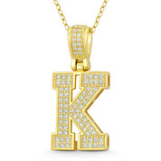 Initial Letter "K" Block Script Cubic Zirconia Crystal Pendant in .925 Sterling Silver w/ 14k Yellow Gold - GN-IP009-K-DiaCZ-SLY