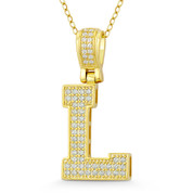 Initial Letter "L" Block Script Cubic Zirconia Crystal Pendant in .925 Sterling Silver w/ 14k Yellow Gold - GN-IP009-L-DiaCZ-SLY