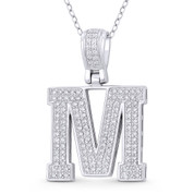 Initial Letter "M" Block Script Cubic Zirconia Crystal Pendant in .925 Sterling Silver w/ Rhodium - GN-IP009-M-DiaCZ-SLW