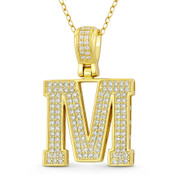 Initial Letter "M" Block Script Cubic Zirconia Crystal Pendant in .925 Sterling Silver w/ 14k Yellow Gold - GN-IP009-M-DiaCZ-SLY