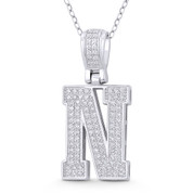 Initial Letter "N" Block Script Cubic Zirconia Crystal Pendant in .925 Sterling Silver w/ Rhodium - GN-IP009-N-DiaCZ-SLW