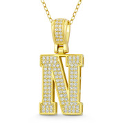Initial Letter "N" Block Script Cubic Zirconia Crystal Pendant in .925 Sterling Silver w/ 14k Yellow Gold - GN-IP009-N-DiaCZ-SLY