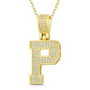 Initial Letter "P" Block Script Cubic Zirconia Crystal Pendant in .925 Sterling Silver w/ 14k Yellow Gold - GN-IP009-P-DiaCZ-SLY