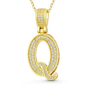 Initial Letter "Q" Block Script Cubic Zirconia Crystal Pendant in .925 Sterling Silver w/ 14k Yellow Gold - GN-IP009-Q-DiaCZ-SLY