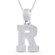 Initial Letter "R" Block Script Cubic Zirconia Crystal Pendant in .925 Sterling Silver w/ Rhodium - GN-IP009-R-DiaCZ-SLW