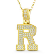 Initial Letter "R" Block Script Cubic Zirconia Crystal Pendant in .925 Sterling Silver w/ 14k Yellow Gold - GN-IP009-R-DiaCZ-SLY