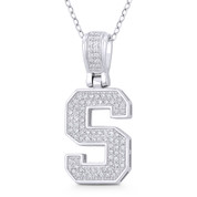 Initial Letter "S" Block Script Cubic Zirconia Crystal Pendant in .925 Sterling Silver w/ Rhodium - GN-IP009-S-DiaCZ-SLW
