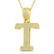 Initial Letter "T" Block Script Cubic Zirconia Crystal Pendant in .925 Sterling Silver w/ 14k Yellow Gold - GN-IP009-T-DiaCZ-SLY