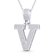 Initial Letter "V" Block Script Cubic Zirconia Crystal Pendant in .925 Sterling Silver w/ Rhodium - GN-IP009-V-DiaCZ-SLW