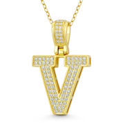 Initial Letter "V" Block Script Cubic Zirconia Crystal Pendant in .925 Sterling Silver w/ 14k Yellow Gold - GN-IP009-V-DiaCZ-SLY