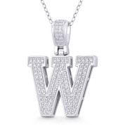 Initial Letter "W" Block Script Cubic Zirconia Crystal Pendant in .925 Sterling Silver w/ Rhodium - GN-IP009-W-DiaCZ-SLW