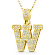 Initial Letter "W" Block Script Cubic Zirconia Crystal Pendant in .925 Sterling Silver w/ 14k Yellow Gold - GN-IP009-W-DiaCZ-SLY