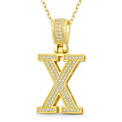 Initial Letter "X" Block Script Cubic Zirconia Crystal Pendant in .925 Sterling Silver w/ 14k Yellow Gold - GN-IP009-X-DiaCZ-SLY