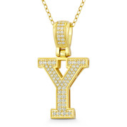Initial Letter "Y" Block Script Cubic Zirconia Crystal Pendant in .925 Sterling Silver w/ 14k Yellow Gold - GN-IP009-Y-DiaCZ-SLY